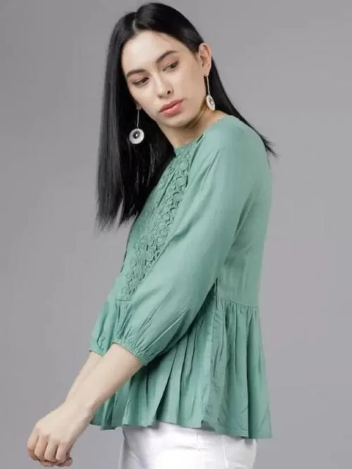 ALHADAYA Casual Regular Sleeves Embroidered Women Light Green Top