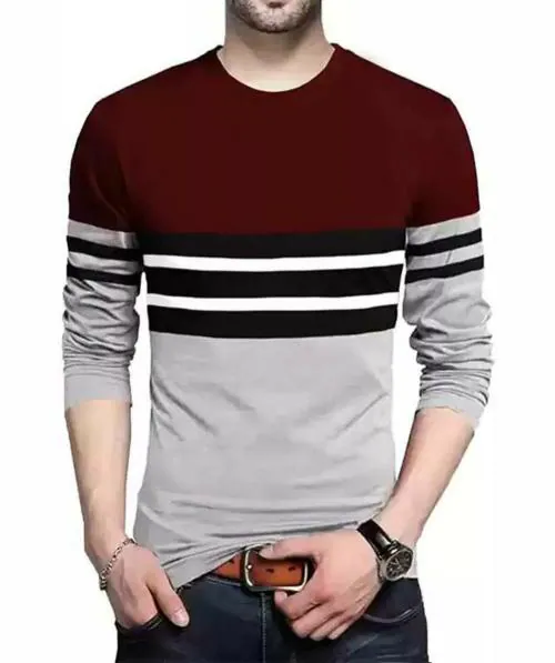 Kysen Slim Fit Round Neck Full Sleeve Tshirt for Men & Boy (MAROON Strip)