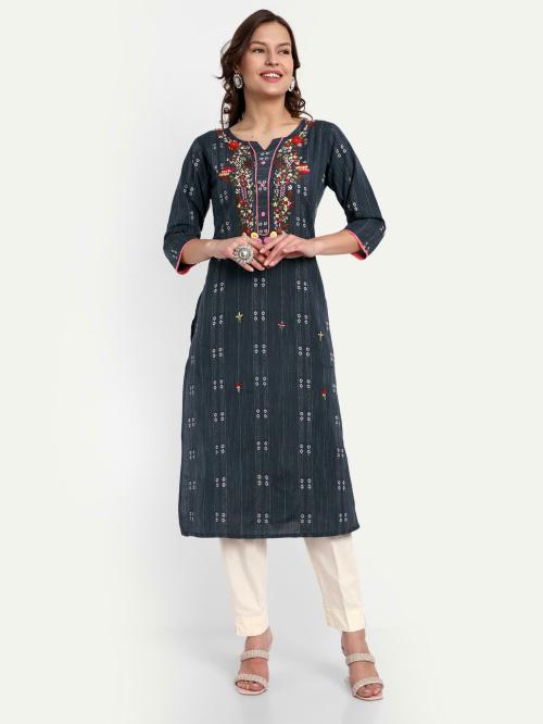 SIYANIC Women Navy Blue Self Design Khadi Cotton Women Straight Kurta 6XL