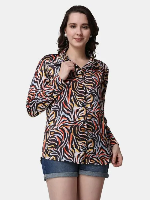 Popwings Casual Red Animal Printed Satin Shirt for Women | Shirt for Women Stylish | Latest Design Shirt Women | Collar Shirt For Women