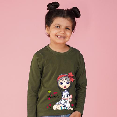 Nusyl Girls Green Girl Printed Full sleeve T-Shirt