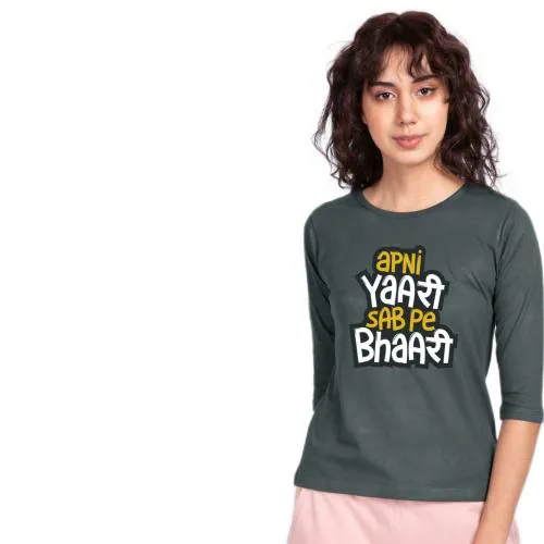 Bewakoof Women's Yaari Sab pe Bhaari Printed Grey Round Neck Three-Fourth Sleeve T-shirt