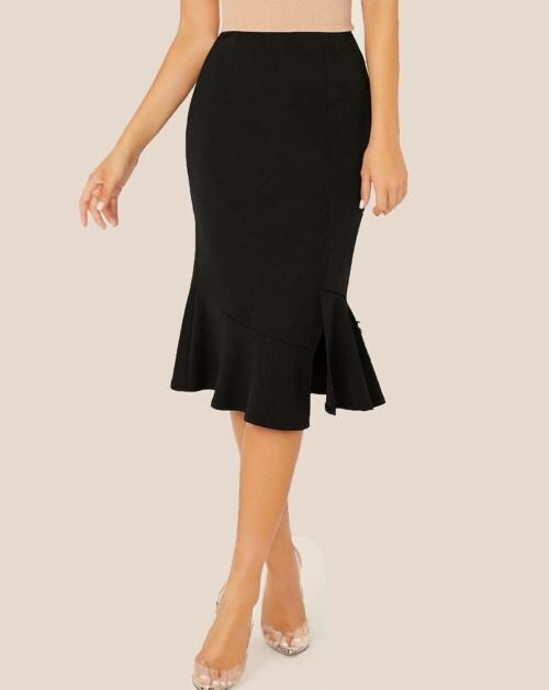 BuyNewTrend Black Fish Cut Knee Length Women Skirt