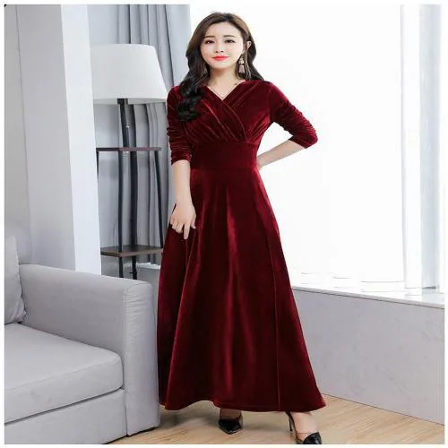 9ZEUS Women Gown Dress | Maxi/Full Length Solid Velvet Fabric Dress(Size-XXL)