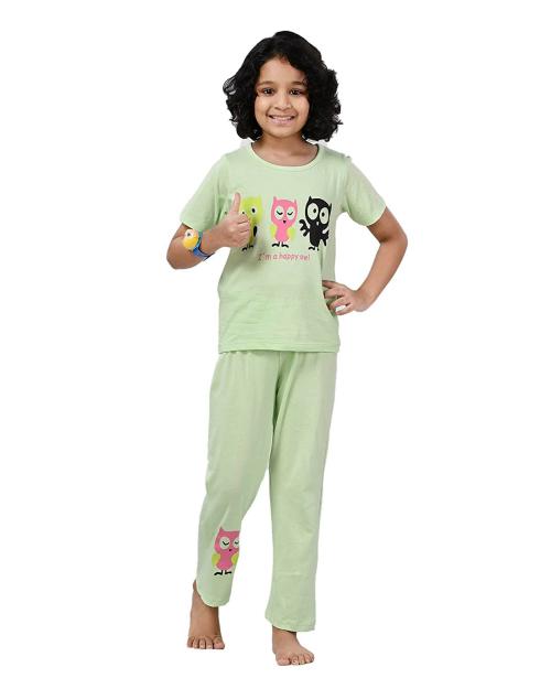 Kirasa Unisex Pista Green Printed 100 percent Cotton Night Suit - 12-18M