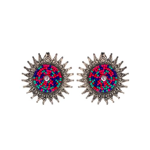 Unique Oxidised Silver Sun Shape Multi Color Beaded Studs Earrings For Women