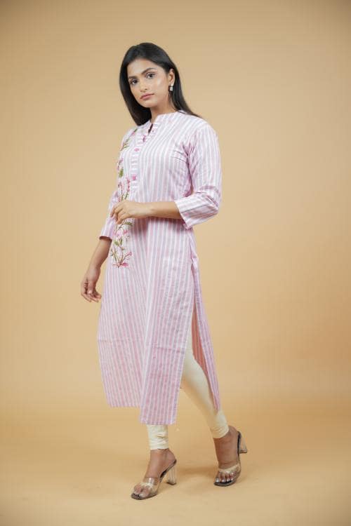 Pure Hand Embroidery Pink Stripes White Kurta