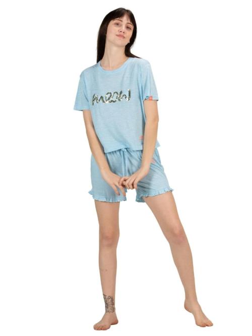 Evolove Women Light Blue Cotton night dress combo set Round Neck Short Sleeve Night Top And Short Set (L)