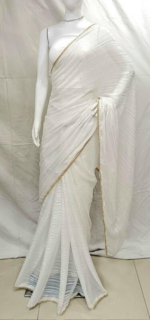 Sareez House Women White Striped Georgette Daily Wear Saree (Monika-Jari-Nx-White)