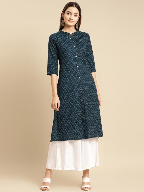 Rangita Women Cotton Flex Navy Tonal Front Button Placket Calf Length A Line Kurti