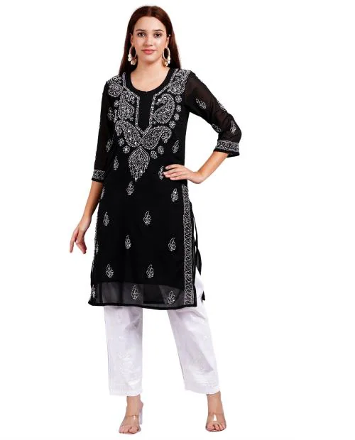 MRS RIGHT LUCKNOWI CHIKANKARI MIRROR EMBROIDERED GEORGETTE BLACK KURTI