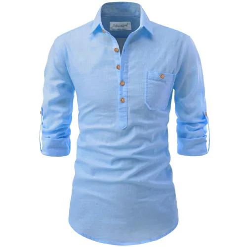Vida Loca Cotton Sky Blue Color Full Sleeve Casual Spread Collor Slim Fit Short Kurta For Men and Boys