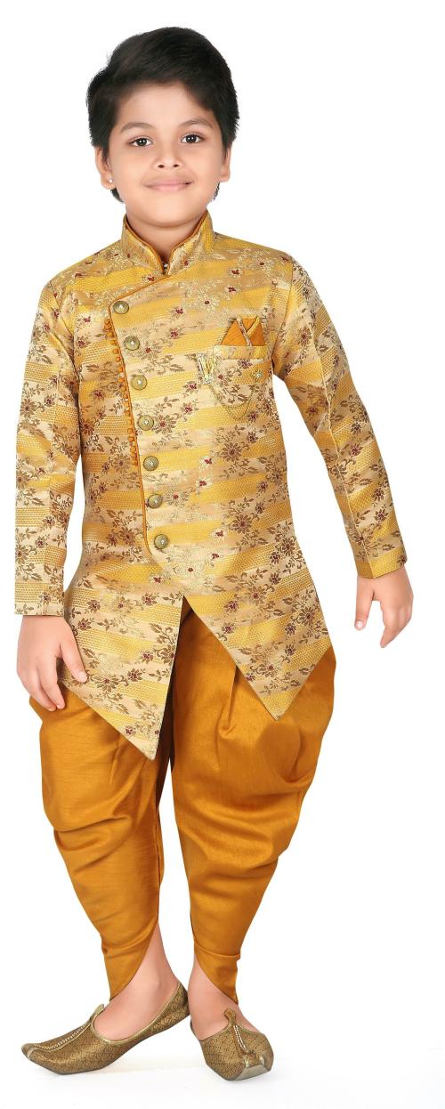Ahhaaaa Boys Gold Full Sleeve Cotton Blend Self Design Sherwani and Churidar Set