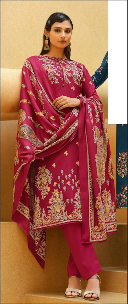 THE JAZZBAAT Women's Unstitched Kashmiri Print Woolen Pashmina Salwar Suit Dress Material With Pashmina Printed Shawl Dupatta | Free Size Dress Material For Women (Pink)