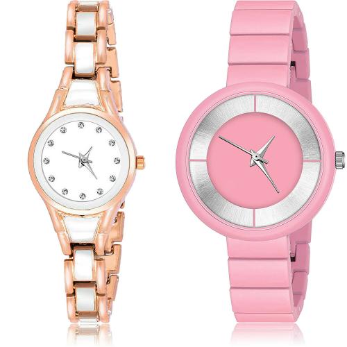 NEUTRON Modish Heart Chain Bracelet Diamond And Simple Chain Rose Gold And Pink Colour Analog Metal Belt 2 Watch Combo For Women And Girls - G596-G635