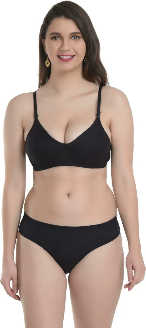 DHANDAI FASHION Women Black Solid Cotton Blend Bra and Panty Set