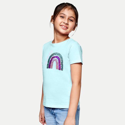 Rad Prix Girls Blue Solid Crew Neck T-shirt with Sequined Holographic Rainbow