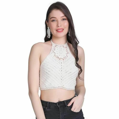 NYCRA Handmade Crochet Crop Top for Women(Off White)S