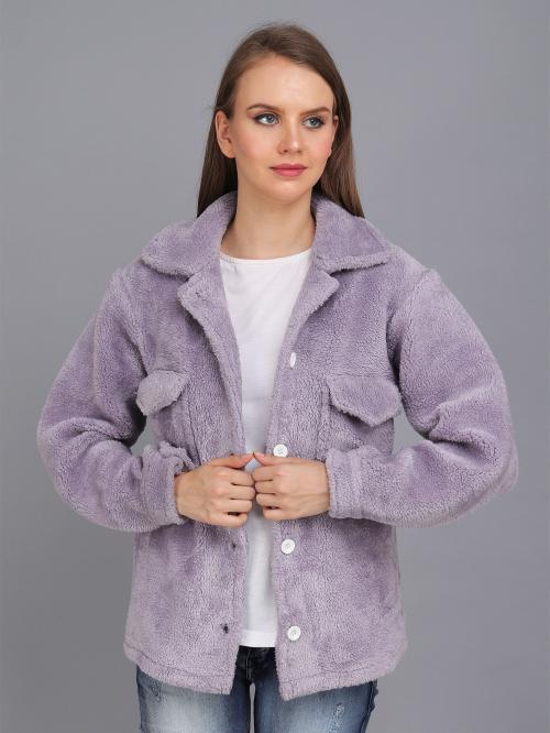 Purple solid tailored jacket, has a stand collar,has a button closure, three-quarter sleeves, straight hemline, with lining and with Flap pockets