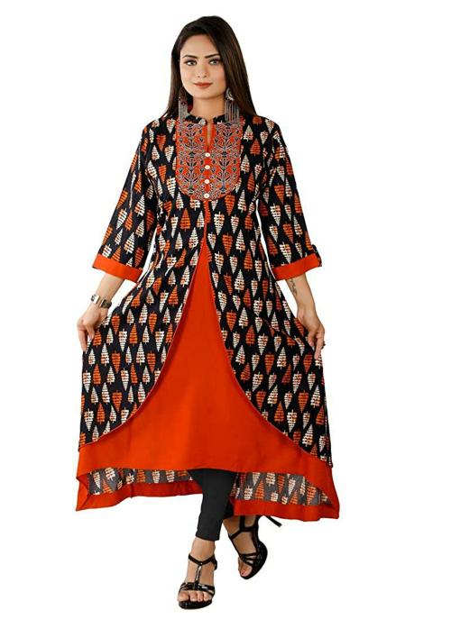 VB SONS Women Black EmbroideRed Rayon Long Kurta (XL)