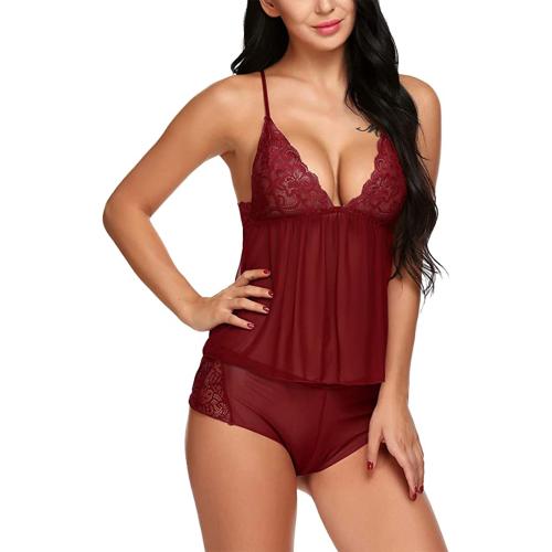 BELLEVINO Women Net Fabric Top And Shorts Lingerie Sets/Female Babydoll Lingerie Set In Maroon Color
