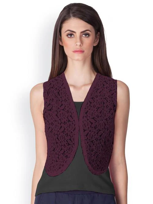Neeba Sleeveless Cotton Net Short Floral Design Shrug for Women & Girls For both Regular and Formal Wear (Maroon)