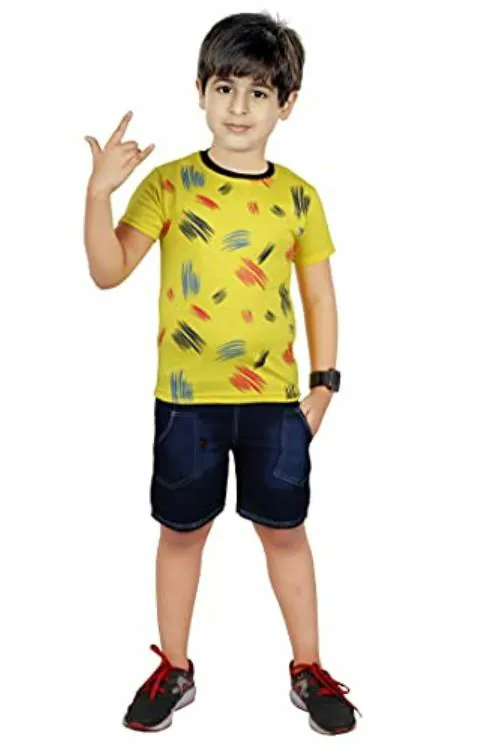 HIZUME Boys Yellow Printed Half T-Shirt with Denim Half Pant Combo - 7-8 Y