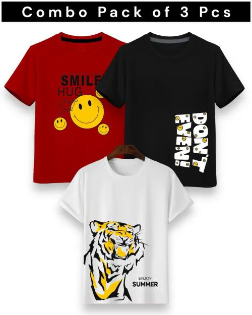 NI FASHION Trendy Printed Round Neck Half Sleeve Tshirt For Boys Red Black White | kids wear | t shirt for kids | t shirt for boys | t shirt | tshirt | tshirt boys | boys tshirt | boys t tshirts | boys dress | tshirts | t shirts | Pack of 3