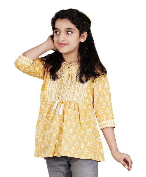 DMP FASHION Girl's Cotton Floral Printed Yellow Work Classy Top