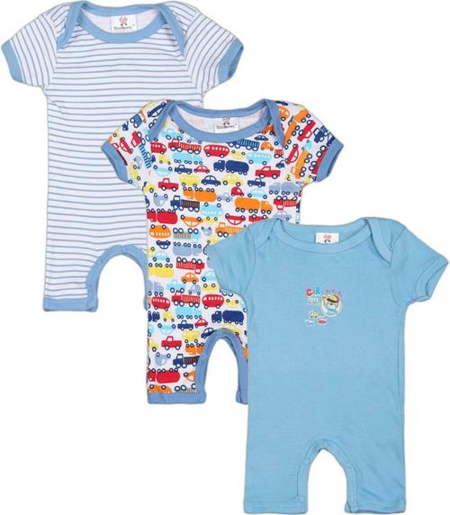 Tiniberry Baby Boys and Girls Light Blue Striped, Printed Cotton Blend (pack of 3) Rompers, 6