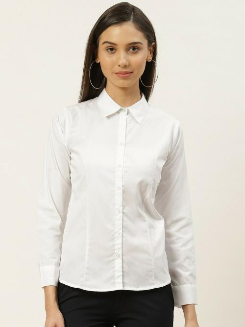 RIVI Women White Slim Fit Solid Cotton Formal Shirt (L)
