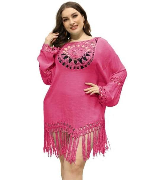 Plus Curvves Plus Size Crochet Coverups Beachwear Cover Up Dress with Tassel - 4XL