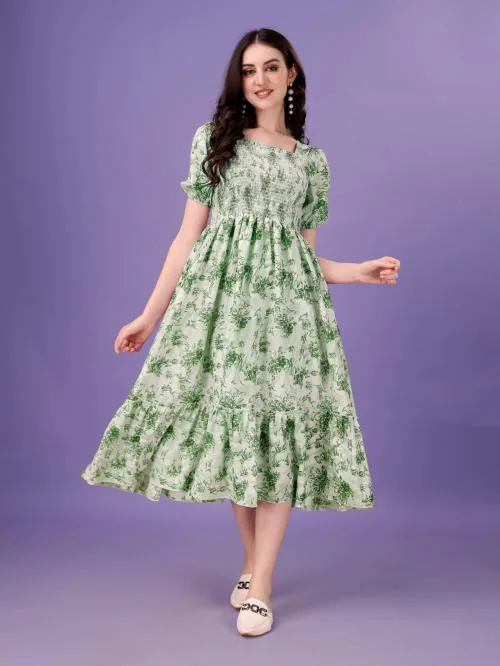 UNSORT green color floral frock in georgette western dress-women floral print crepe fit & flare midi dress- multi floral cut-out maxi dress,western dresses, dresses for women fit and flare dress-1pc (Size-XL)