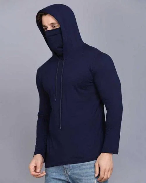 REVIZO Men & Women Mask Full Sleeve T-shirt / Hooded Sweatshirt,Navy Blue