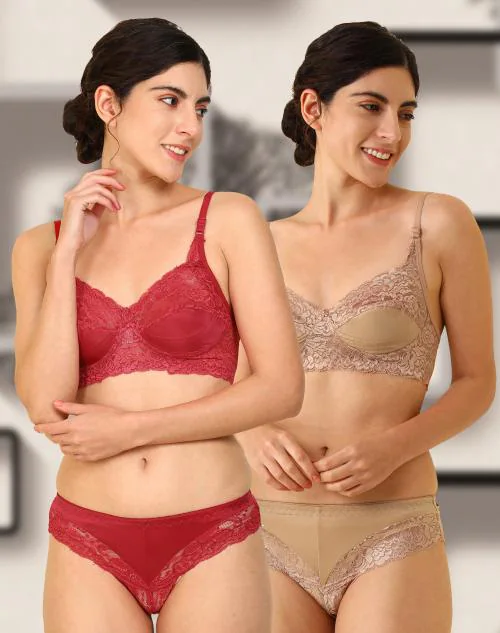 In-Curve -Women Cotton Bra Panty Set for Lingerie Set ( Pack of 2 ) ( Color : Red,Brown )