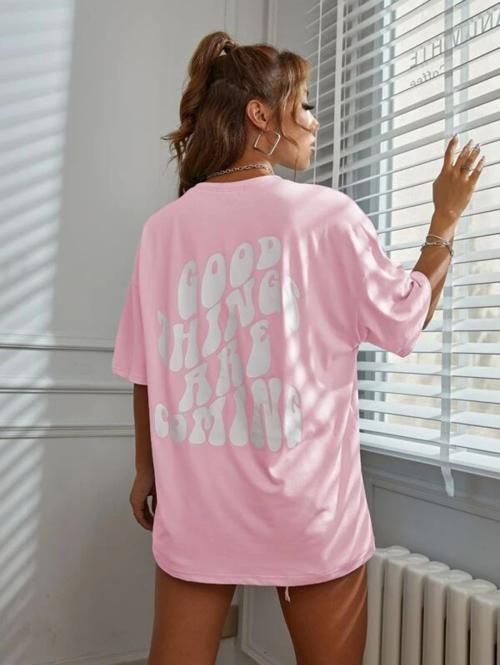 Popster pink Printed Cotton Round Neck Loose fit Half Sleeve Womens T-Shirt l women tshirt l tshirt for women