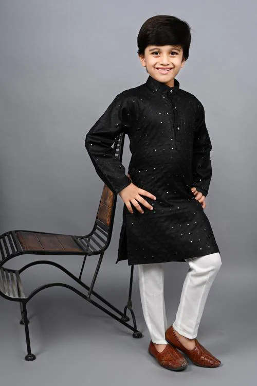 Ahhaaaa Kids Indian Ethnic Festive and Party Wear Full Sequin Embroidery Mirror Work Kurta Pajama Set for Baby & Boys