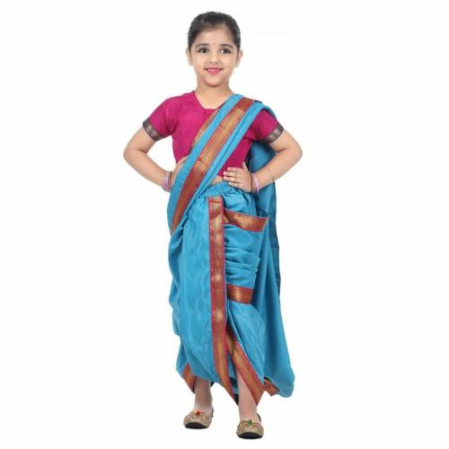 ITSMYCOSTUME Marathi Dress for Girls Traditional Folk Dance Costume for Kids- Turquoise & Magenta