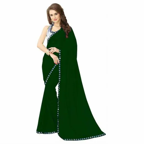 Nena Fashion Women's Soft Georgette Designer Mirror Border work Plain Saree with Blouse Piece-GREEN