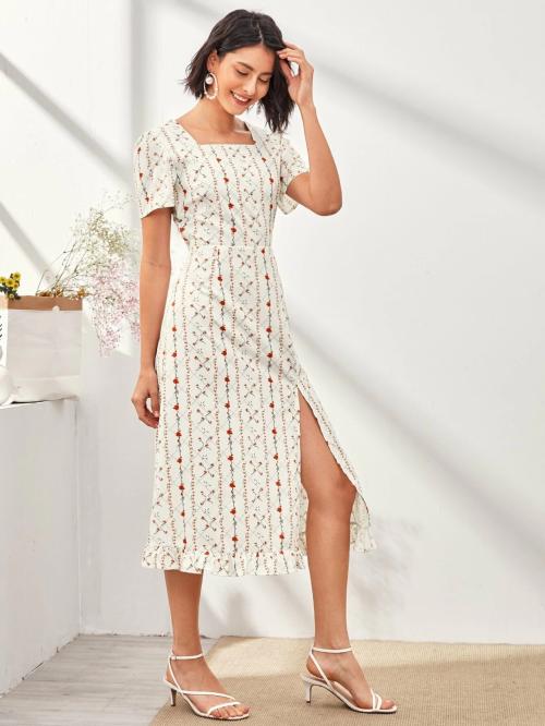 CHAKUDEE Fashion Puff Sleeve White Colour Dress For Women