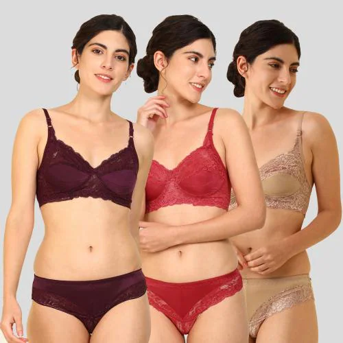 In-Curve -Women Cotton Bra Panty Set for Lingerie Set ( Pack of 3 ) ( Color : Maroon,Red,Brown )
