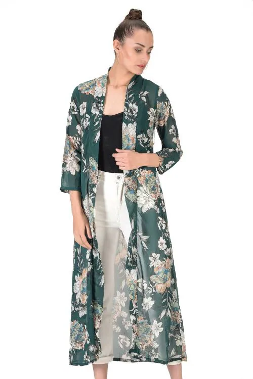 Serein Women Green Floral Polyester Single Shrugs & Boleros