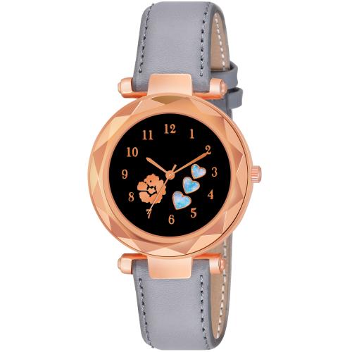 ILOZ New Stylish Trendy Rich Look Hart Design Grey Leather belt Analog watch for Girls women