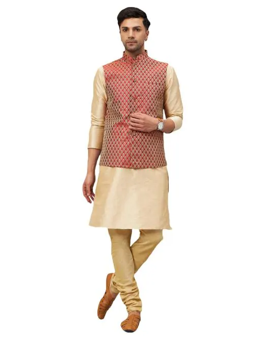 Vastramay Men's Gold Silk Blend Jacket, Kurta and Pyjama Set