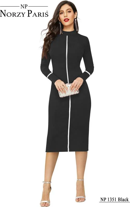 I N U FASHION Women Black, White Polyester A-Line Dress (Xl)