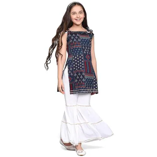 Curly Tales Girls Navy Blue Foil Printed Rayon, Poly Rayon Kurta With Sharara (13 Years-14 Years)