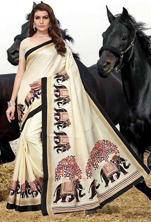 Gugaliya Women Simple White Printed Pure Silk, Art Silk Saree