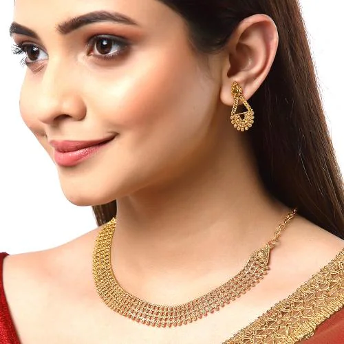 ZENEME Gold-Plated Textured With Intricate Detailing Necklace Set 