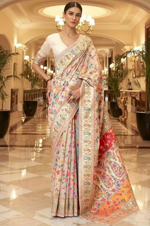 LeeliPeeri Pethani White Gold Silk Saree With Running Blouse