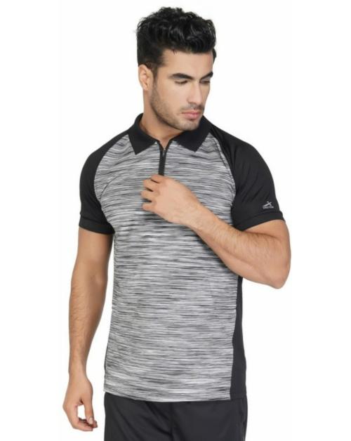 VECTOR X Men Black Self Design Polyester Polo Neck T-shirt